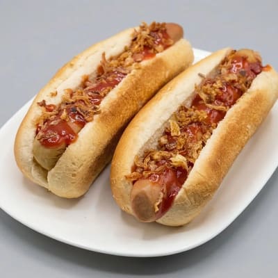 Dos panecillos alargados con salchicha, kétchup y cebolla frita crujiente
